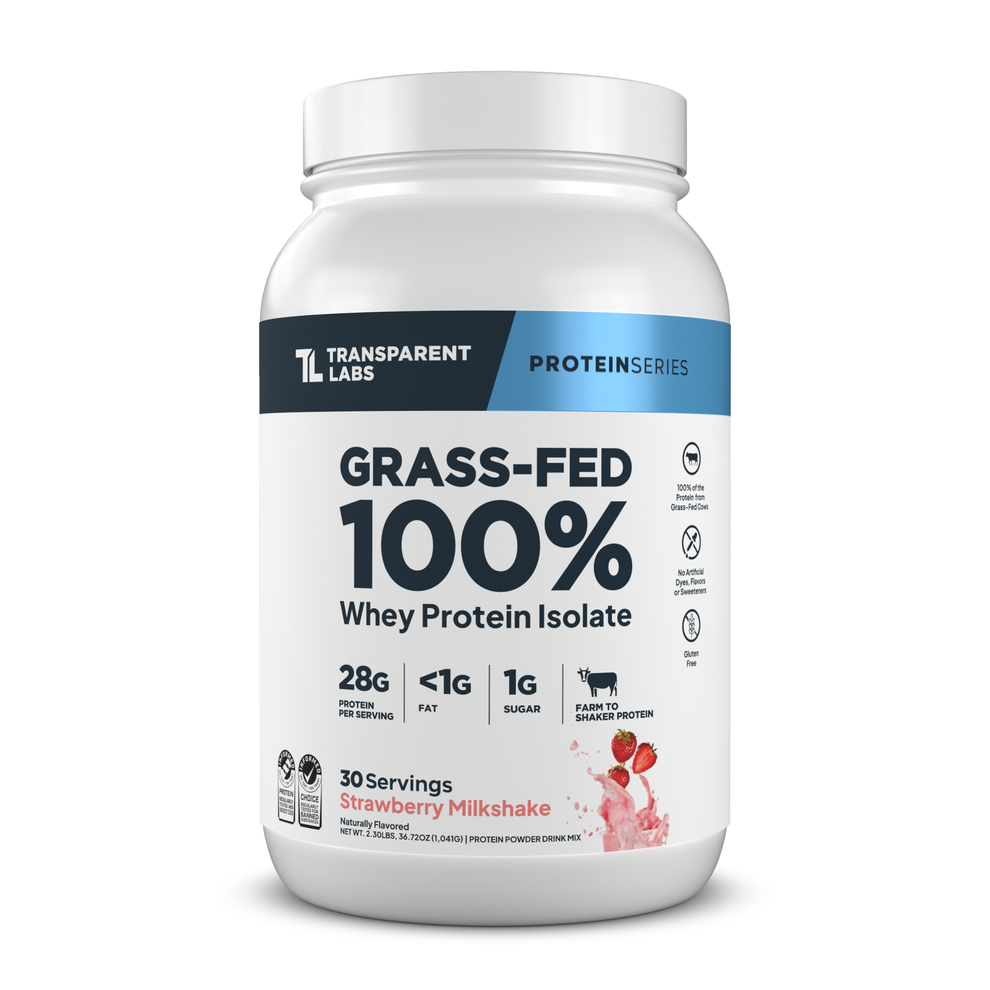 Transparent Labs Grass-Fed Whey Protein Isolate, Strawberry Milkshake, 2LB container