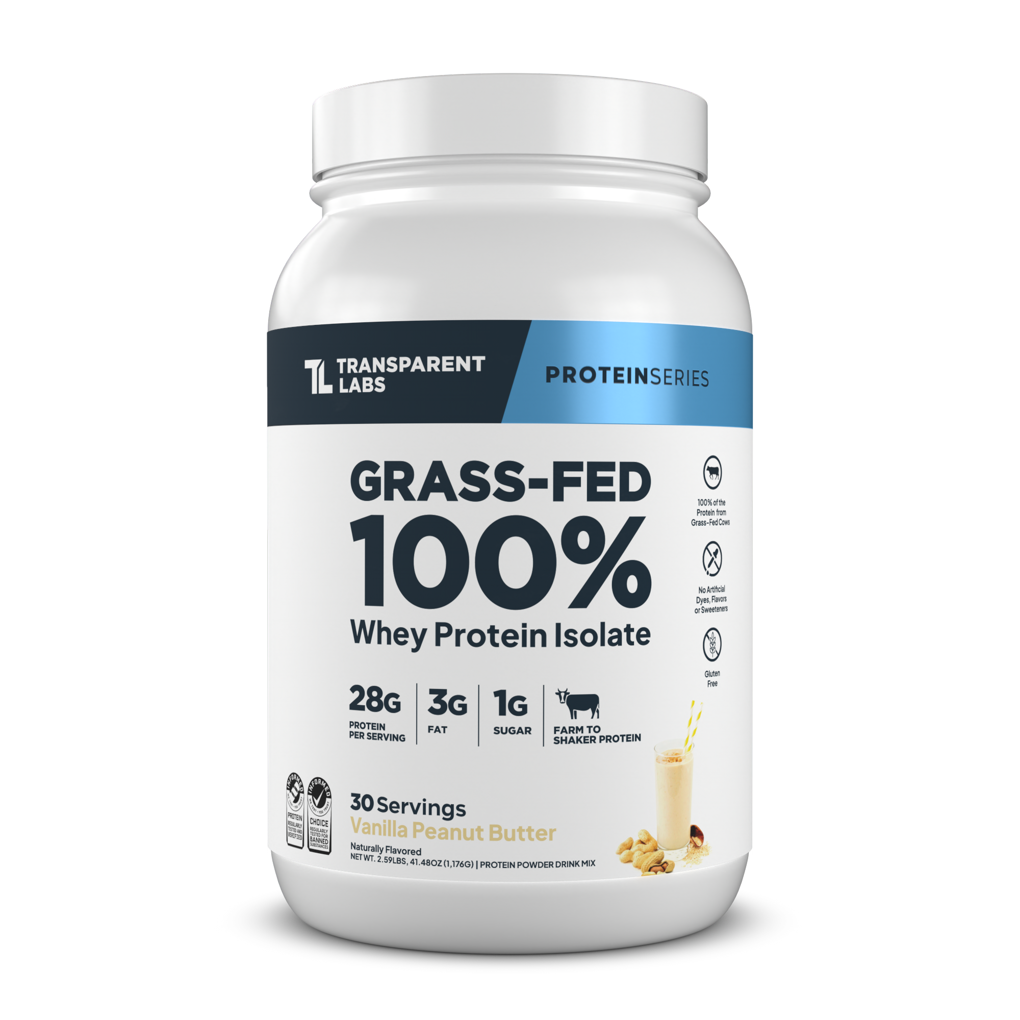 Transparent Labs Grass-Fed Whey Protein Isolate, Vanilla Peanut Butter, 2LB container